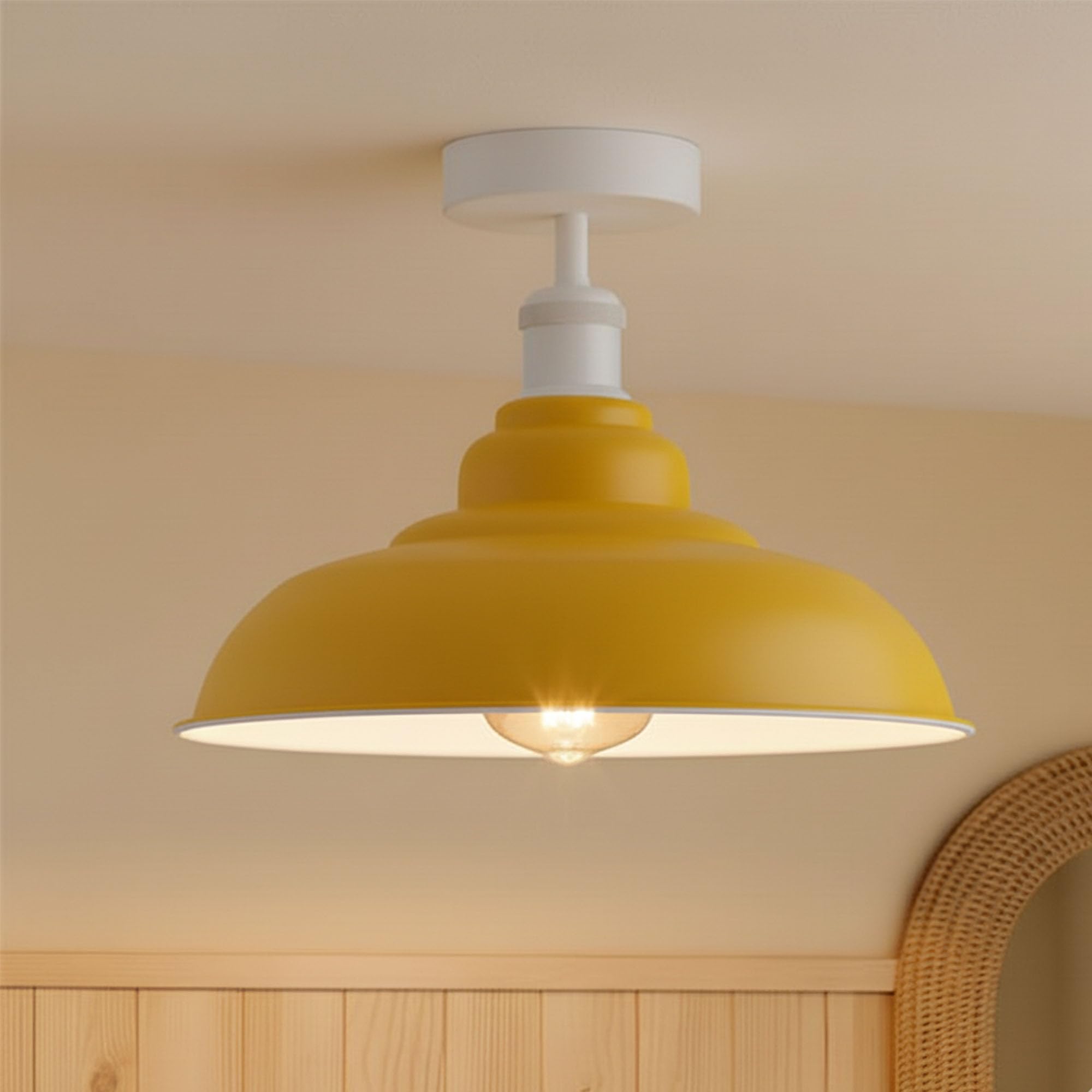 DC VOLTAGE Vintage Flush Mount Ceiling Lighting E27 Holder with 32cm Yellow Lampshade Easy Fit Premium Quality Anti Rust Durable Metal Semi Flush Light Fitting for Kitchen Bedroom Livingroom (Yellow)