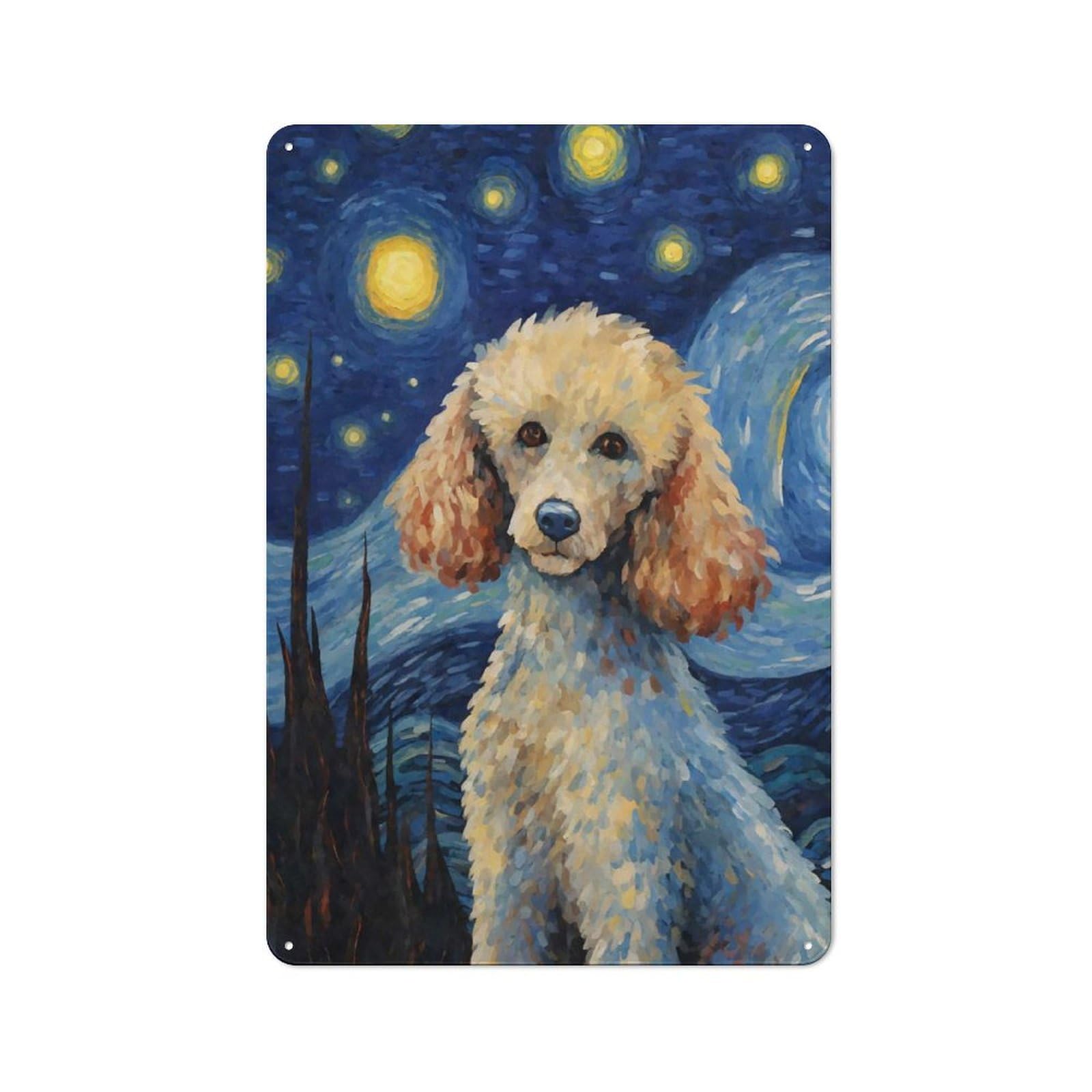 Junmoney Style-4 Poodle Dog Starry Night Urban Metal Wall Decor 30X20cm, Metal Wall Art Sign For Loft, Studio, Office Or Creative Room