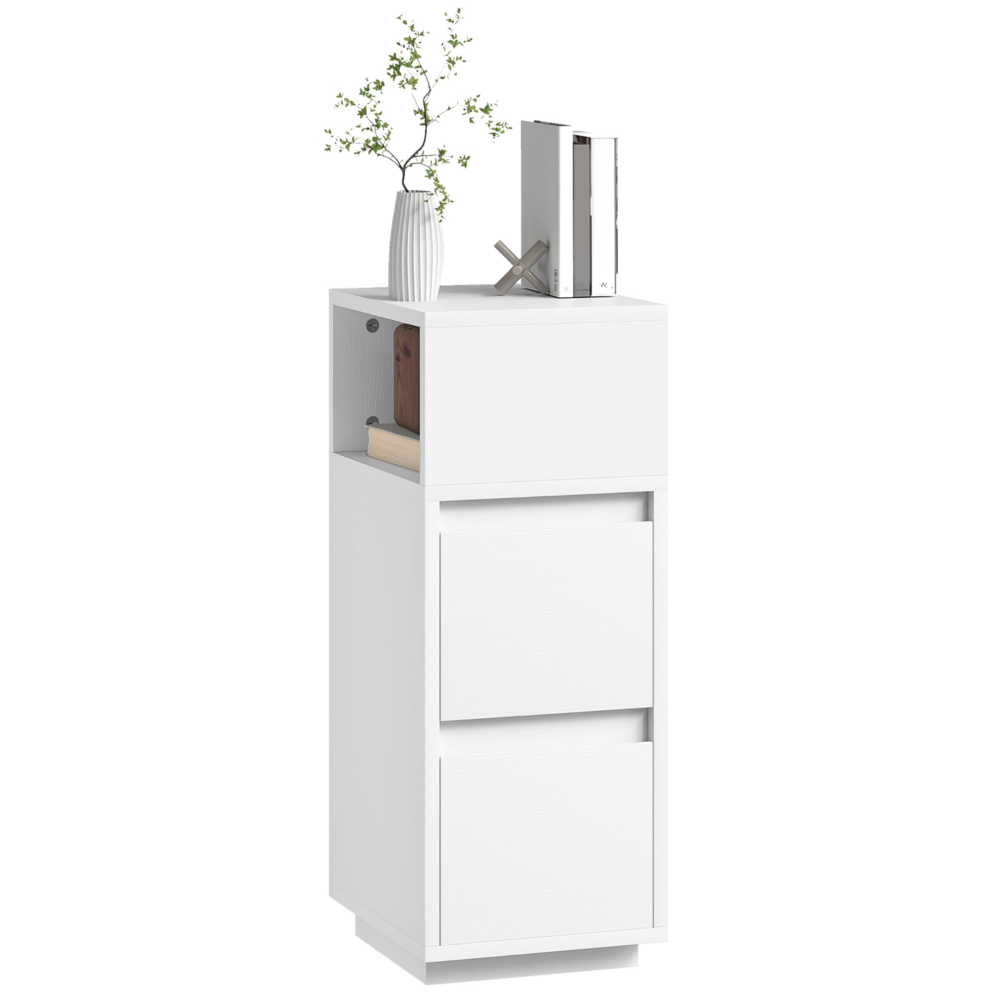 Homcom Unisex White Slim Bedside Table, Bedside Cabinet With Open Shelf And 2 Drawers In 30Cm