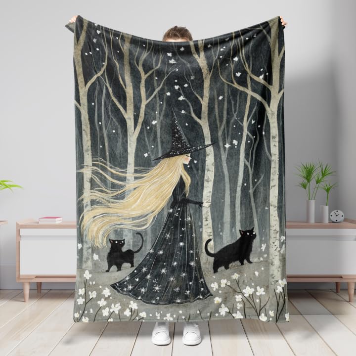 Mystical Witch Blanket, Black Enchanted Forest Design Throw Blanket, Cozy Soft Plush Fleece for Winter, Halloween, Sofa, Camping, All Season Use 40x50 Inch