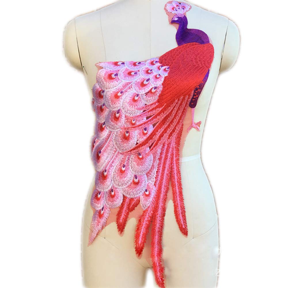 Red Exquisite Workmanship Peacock Phoenix Feather Mesh Embroidery Applique Decoration Cloth Patches Cheongsam Garment Accessories