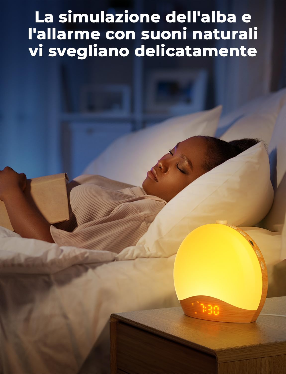LIORQUE Sveglia Simulazione Alba, Doppia Sveglia, 20 Livelli, 9 Colori | Sveglia Comodino, Rumore Bianco, Luce Notturna, Modalità Weekend, Snooze, 22 Suoni, FM/Bluetooth, 5W USB