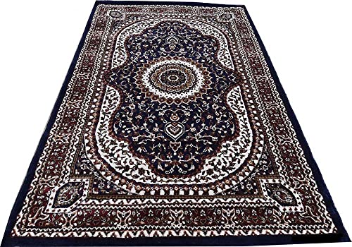 Image of Kashmiri Traditional Design Wool & Wool Blend Carpet with 12 MM Pile Height 2x6 Feet Blue Colour