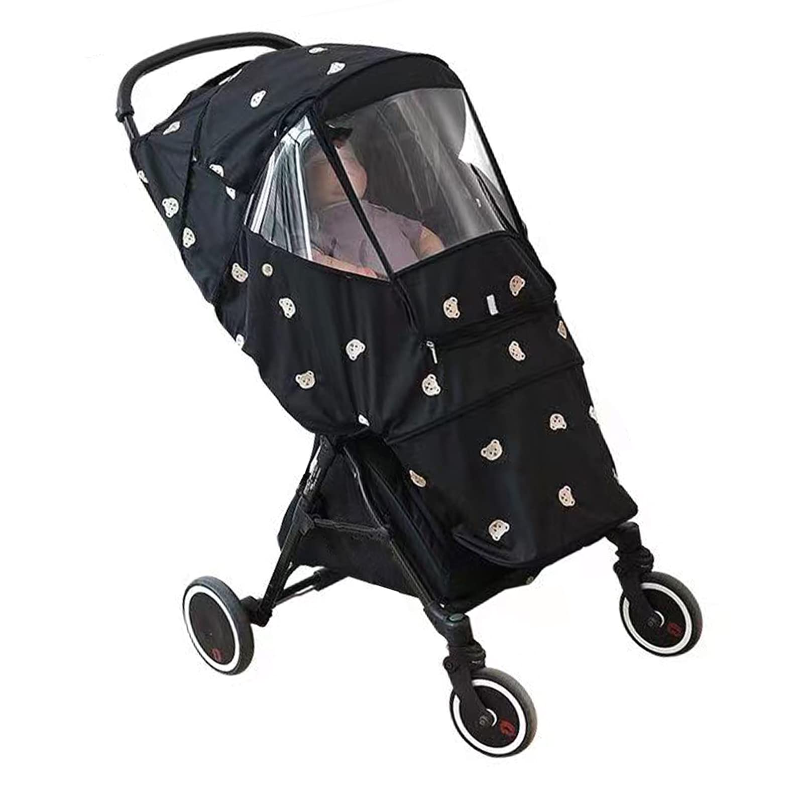 Cryfokt Winddichter Kinderwagen-Regenschutz, Niedliches Bärenmuster, Wasserdicht für Reisen, Outdoor-Aktivitäten, Oxford-Stoff (BLACK)