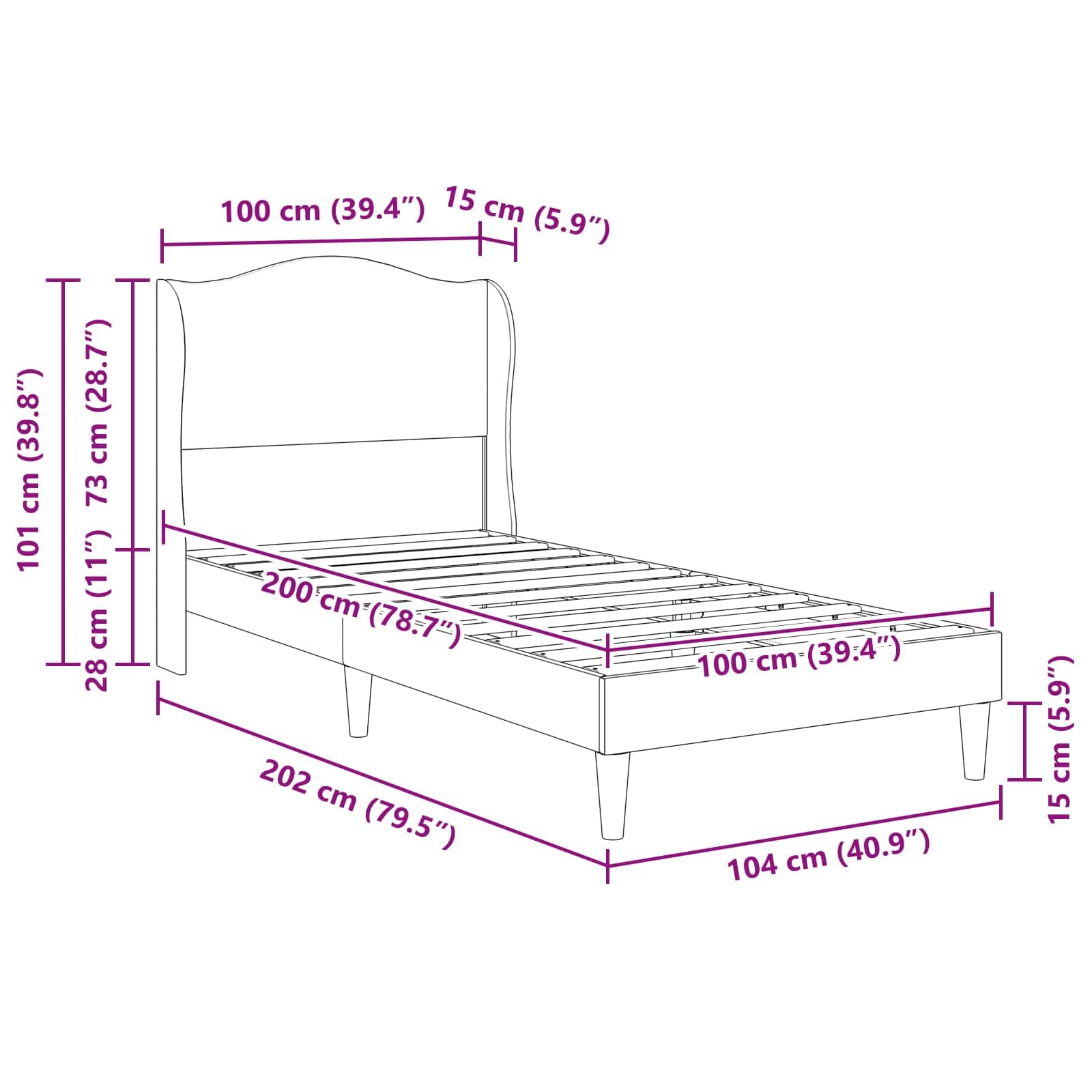 Rama de cama con cabecero azul 100 x 200 cm terciopelo moderno estructura somier fijo patas cónicas soporte 140 kg dormitorio elegante