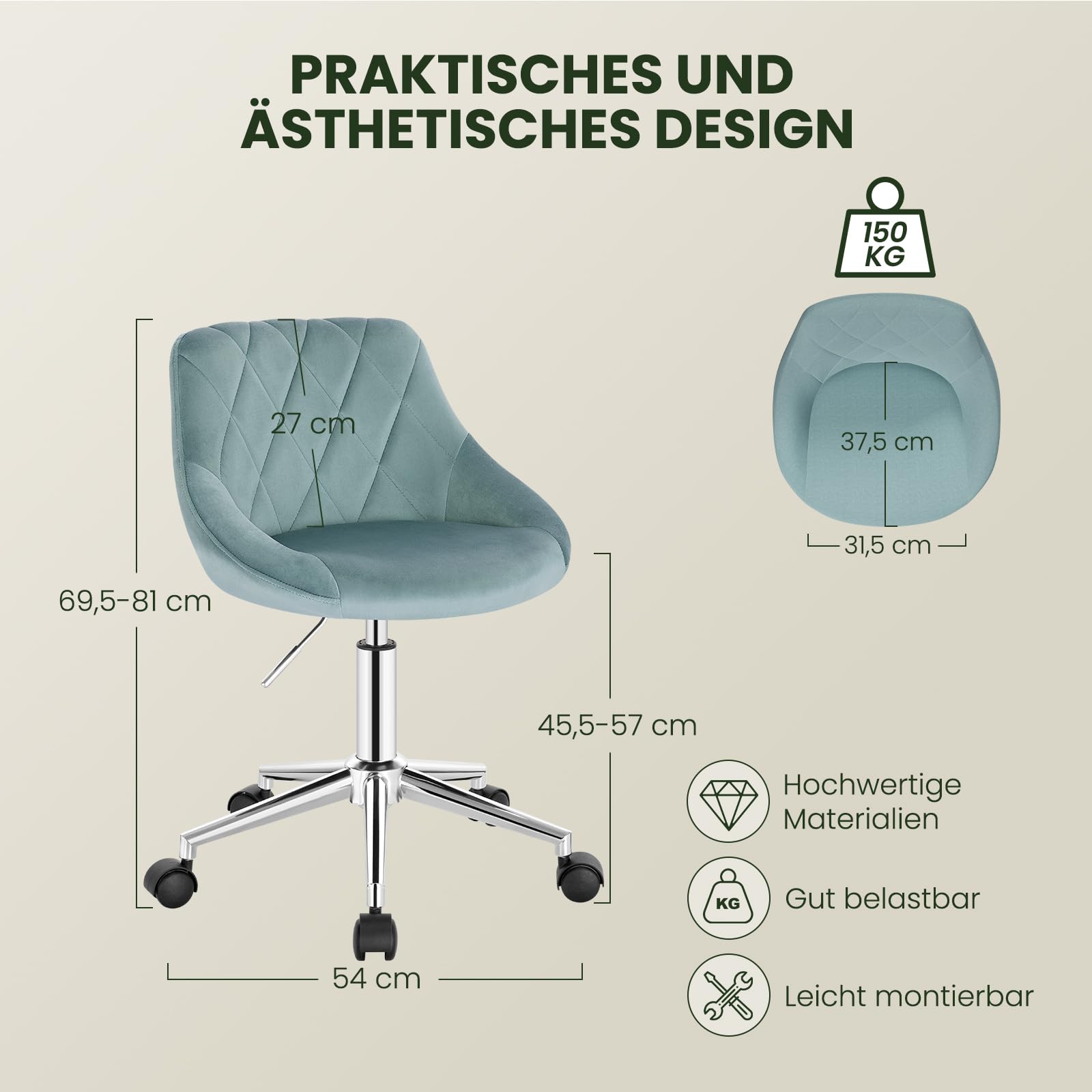 EUGAD Schminkstuhl, Homeoffice Stuhl, Schreibtischstuhl, Samt, Türkis | Multifunktionaler Kosmetikhocker, Bürostuhl Kinder, höhenverstellbar Drehstuhl mit Rollen