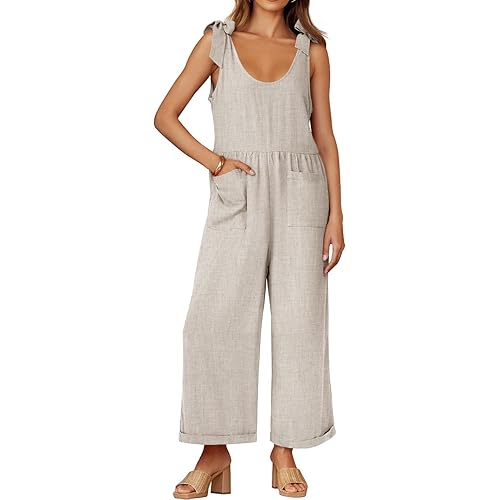 ZESICA Women's Summer Loose Sleeveless Jumpsuits Linen Adjustable Straps Oversized Wide Leg Long Overall Rompers with Pockets