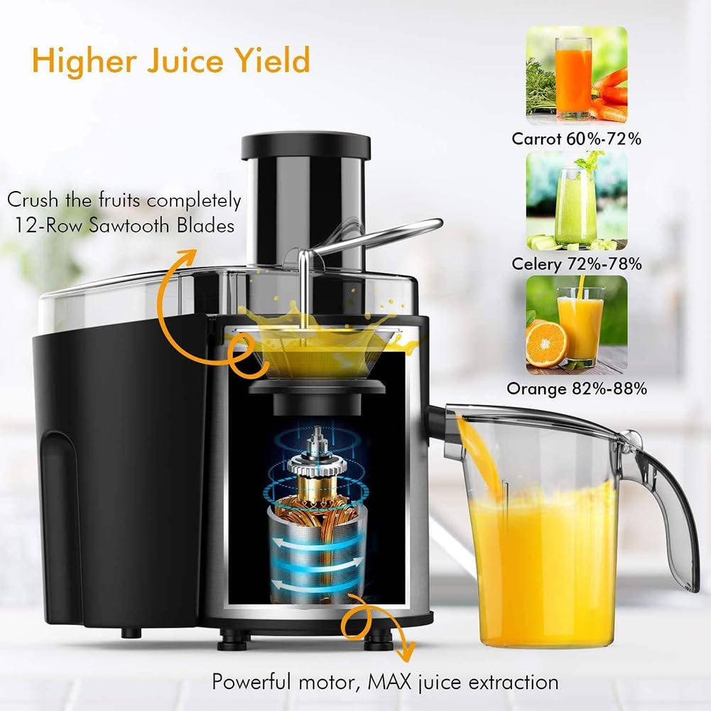 MIIKHI Stainless Steel Masticating Juicer, Professional Slow Juicer with 2 Speed Settings, 65mm Large Feed Chute, Quick Juicing for Whole Fruit and Vegetable A (A)