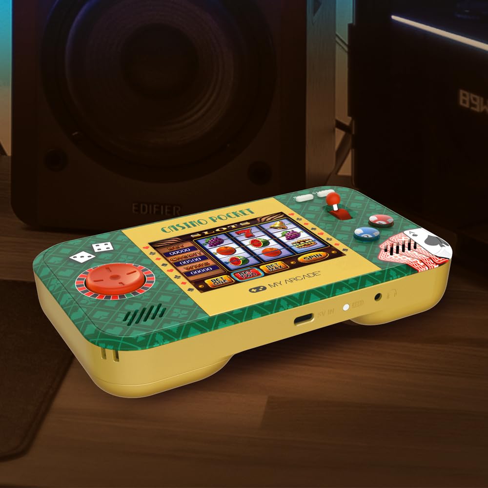 MY ARCADE Poche casino : jeu d'arcade rétro casino, batterie rechargeable, comprend étui de voyage et protecteur d'écran, roulette, poker, blackjack et plus encore