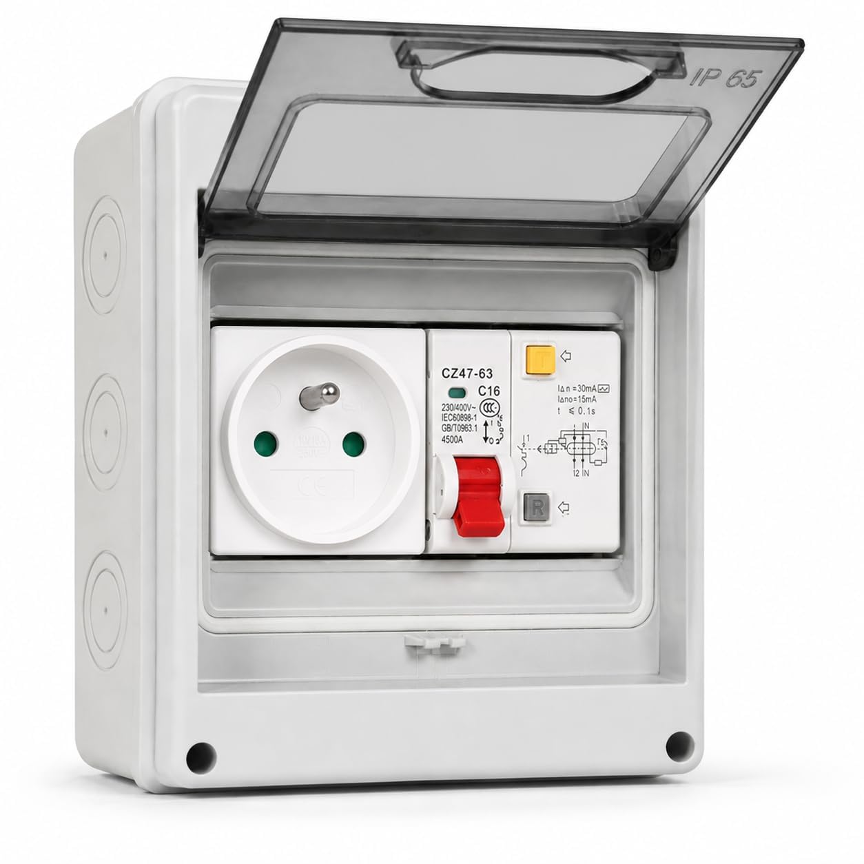 Schuko-Steckdose mit FI-Schutzschalter 16 A 230 V 30 mA IP65