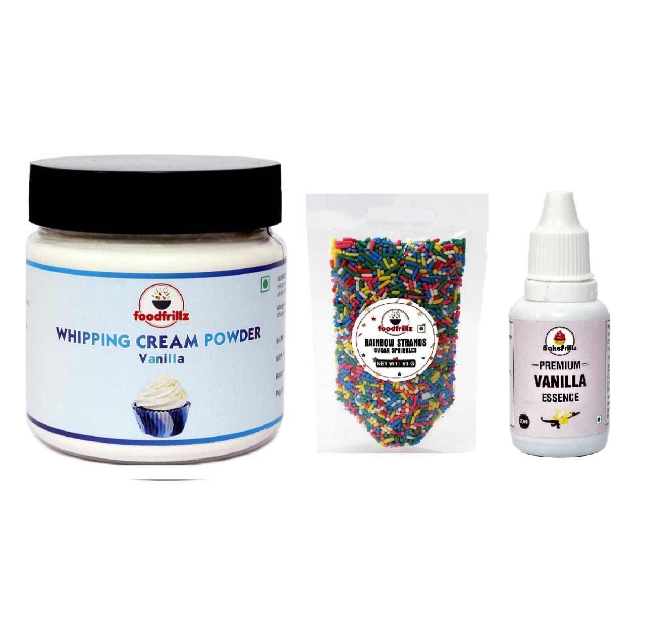 - foodfrillz Whipping Cream Powder - All Purpose Vanilla (100 g), + Bakefrillz Vanilla (20 ml) + Rainbow Strands Sprinkle (50 g) Pack of 3