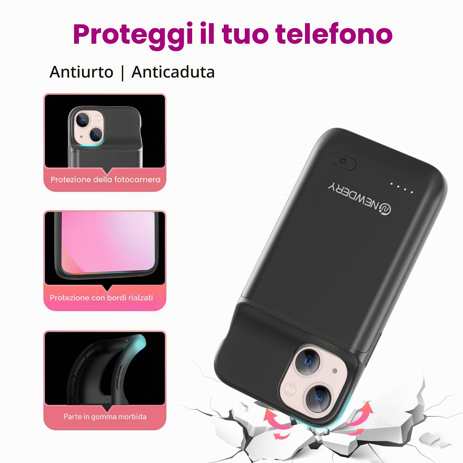 NEWDERY Custodia Batteria Per iPhone 12 Mini & 13 Mini, 4700mAh Protettiva Portatile, Ricaricabile Caricabatteria Estesa (5,4 ")