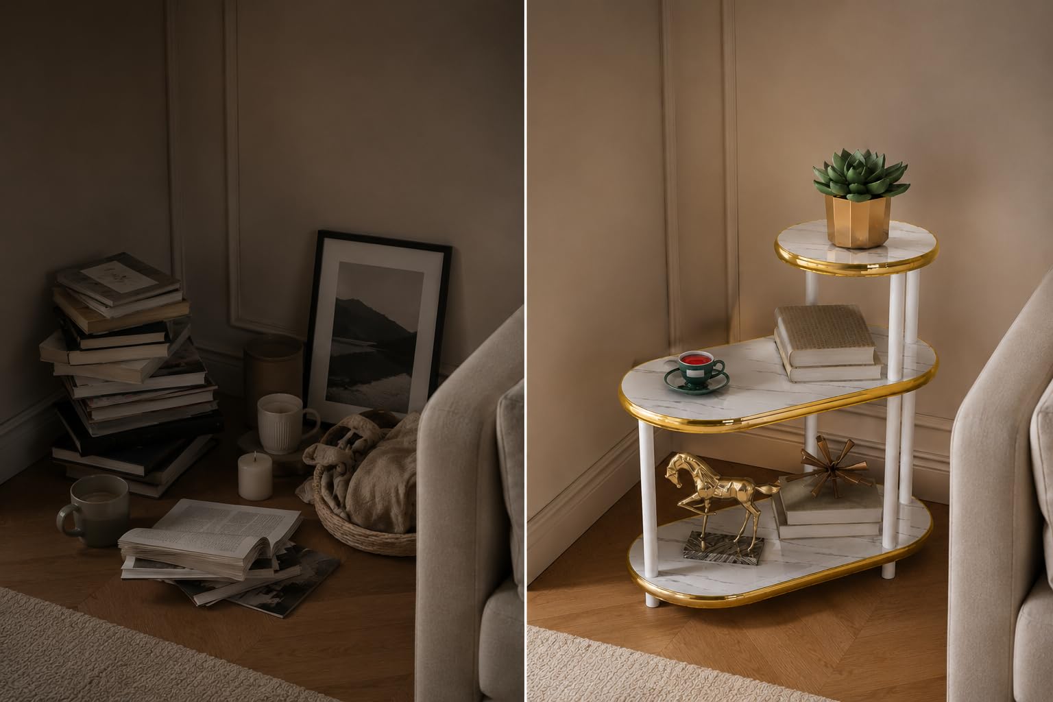 Generico Tavolino da Salotto Moderno 3 Ripiani Effetto Marmo Bianco con Bordi Oro, Tavolino Laterale Salvaspazio, Mobiletto Multiuso per Camera da Letto, Soggiorno e Angolo Caffè, 68x60x30 cm