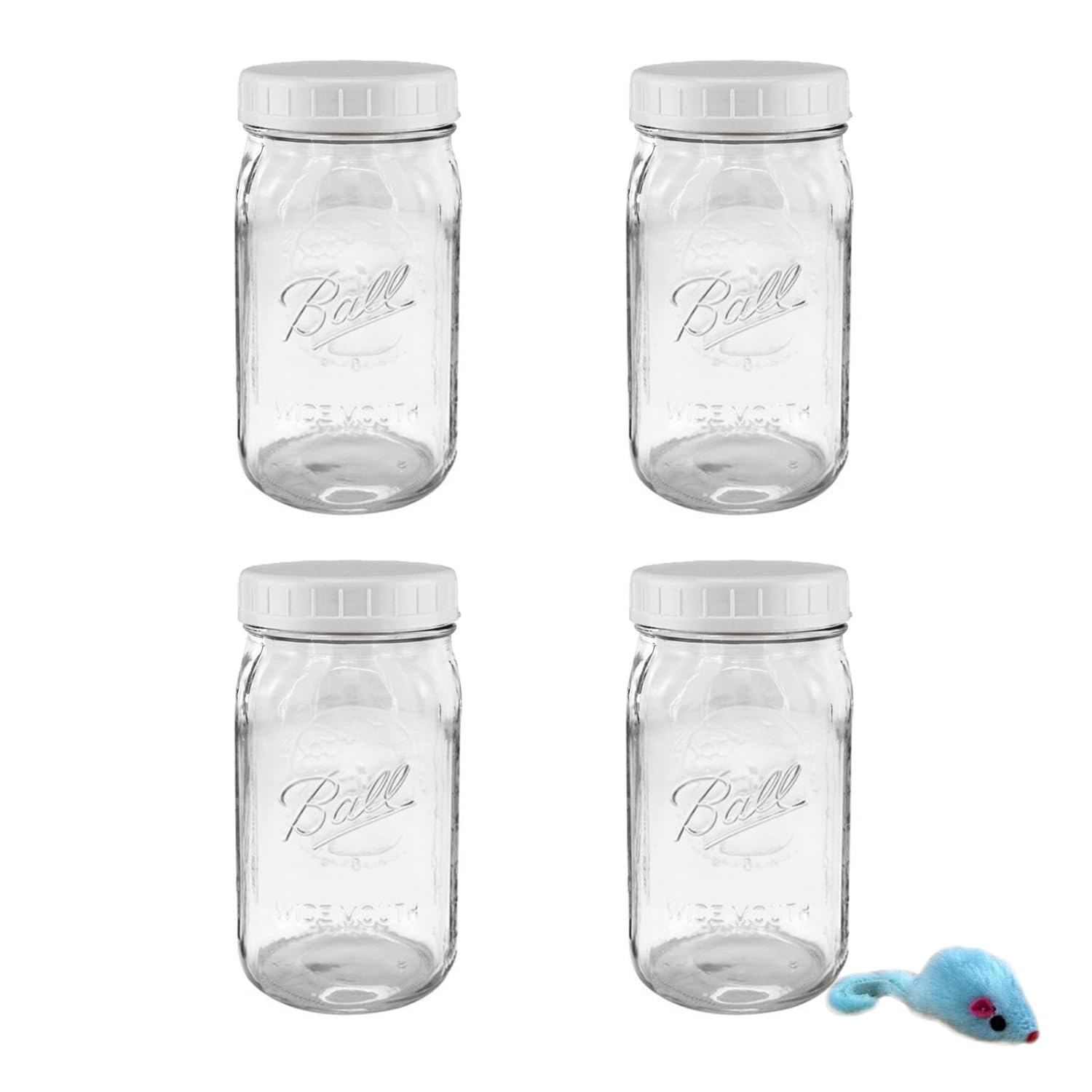 CEO_ARNOLD WIDE-MOUTH Mason Jar 32oz (Set of 4) with 4 Storage Plastic Lids, Caps Fit Ball and WIDE-MOUTH For Storage, Freezing, Leak Proof, Microwave & Diswasher with 1 mouse toy.