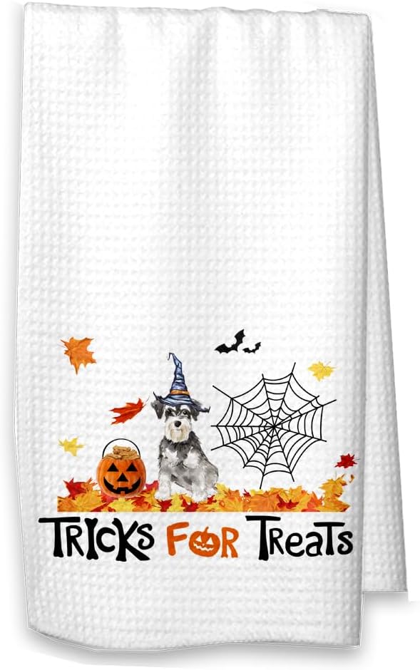 Studio 9Thirty3 Personalized Schnauzers Halloween Kitchen Towel – “Tricks for Treats” Custom Dog Name Dish Towel – Microfiber Dog Lover Gift – Printed in USA (Schnauzer Personalized)