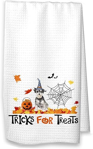 Miniatura 6 de Trucos para golosinas Schnauzer - Toalla de cocina de Halloween, decoración de otoño Schnauzer (toalla blanca, Schnauzer con nombre)