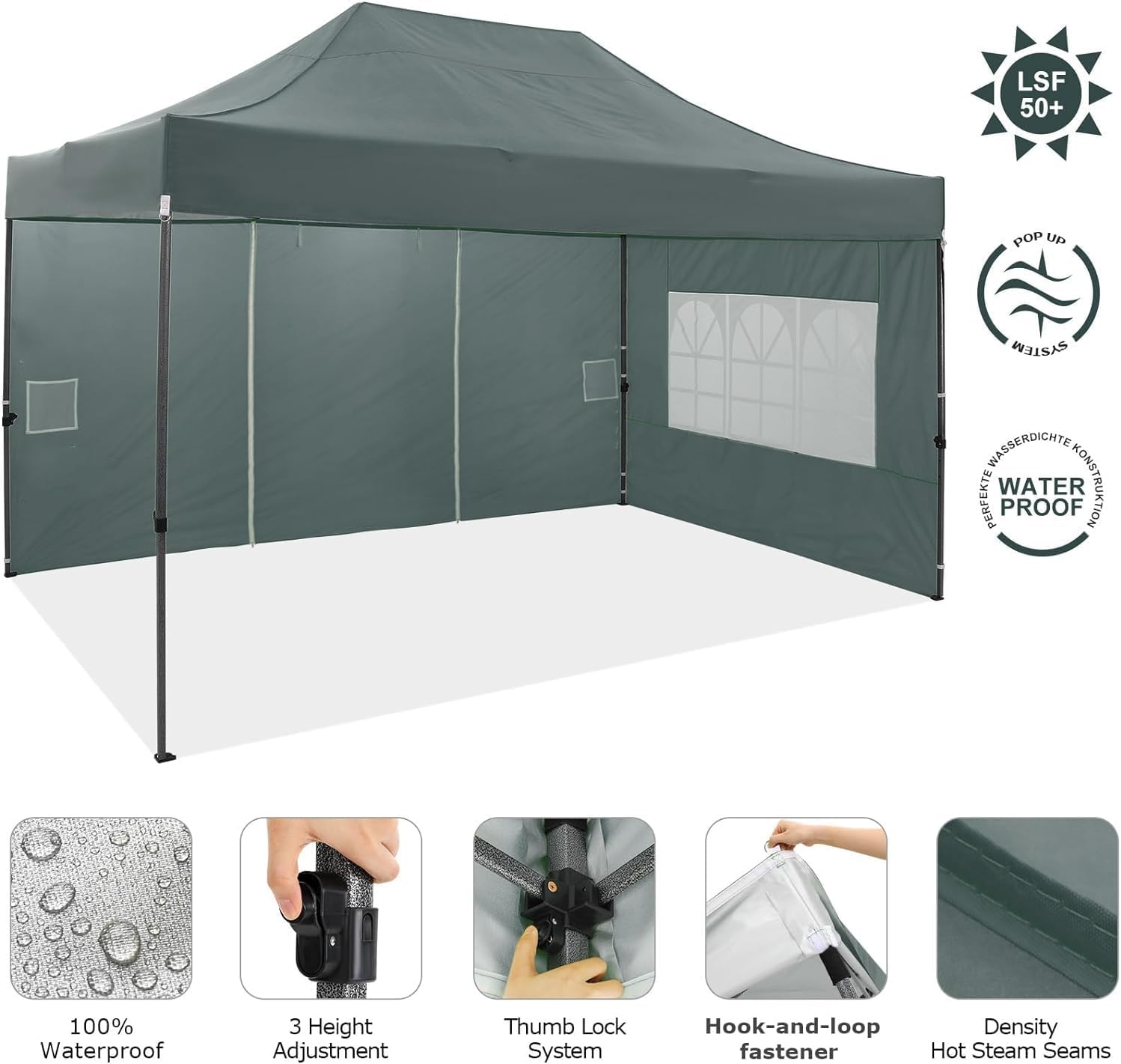 Close-up of gazebo features including waterproof fabric, height adjustment, and thumb lock system