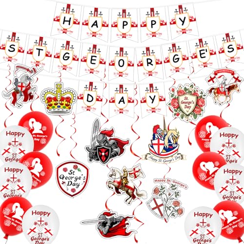 England St Georges Day Decorations Kit Happy St Georges Day Banner Swirls Balloons Hanging Decorations Indoor Outdoor Party Celebration Accessories