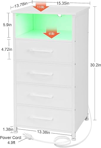 Miniatura 3 de LOAKEKEL Juego de 2 mesitas de noche blancas con estación de carga, mesas auxiliares con 3 cajones de tela, mesita de noche con puerto USB tipo C y