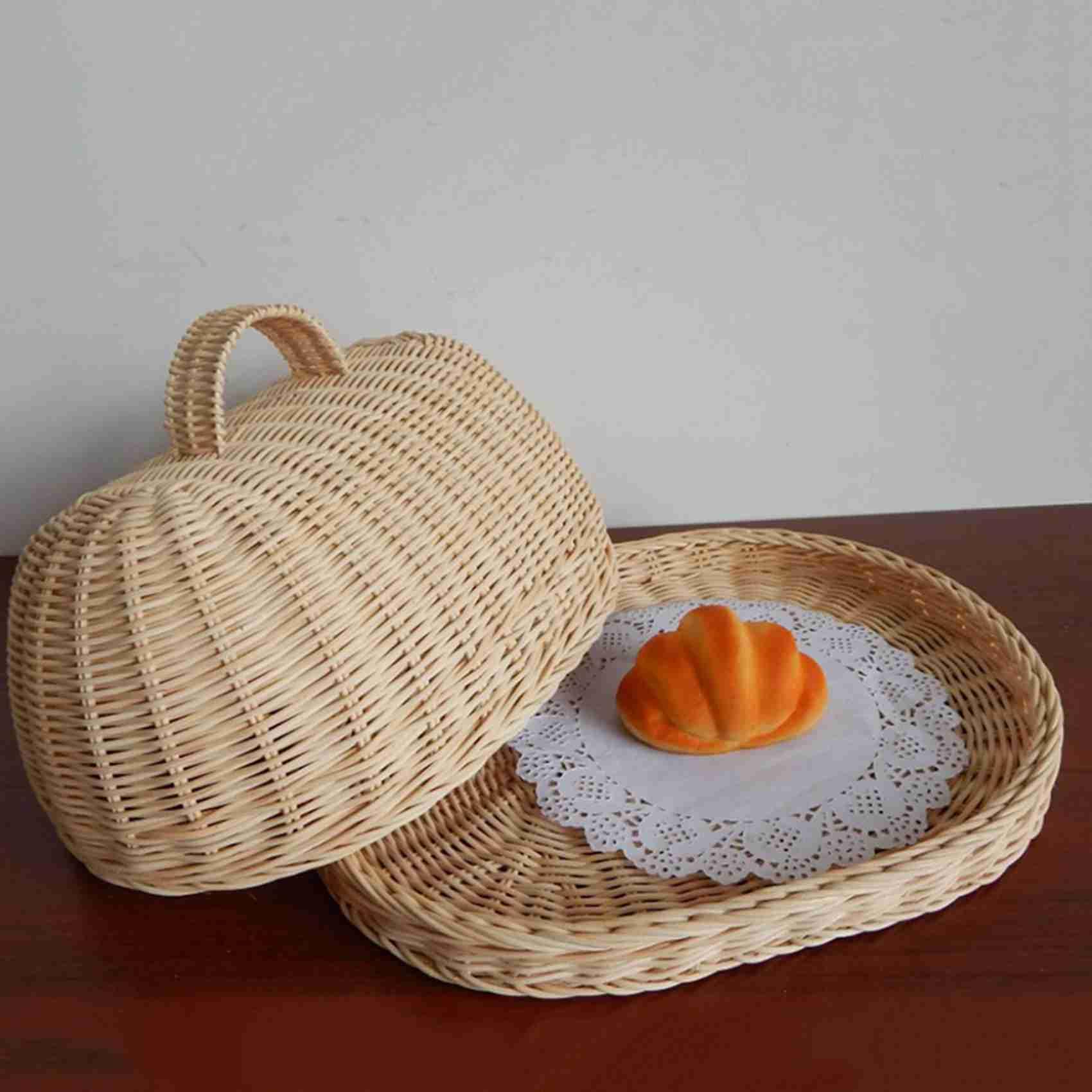 2 x rattanowa taca do przechowywania z pokrywą, ręcznie tkane kosze wiklinowe, chleb, owoce, jedzenie, śniadanie, pudełko ekspozycyjne, na żywność, owoce