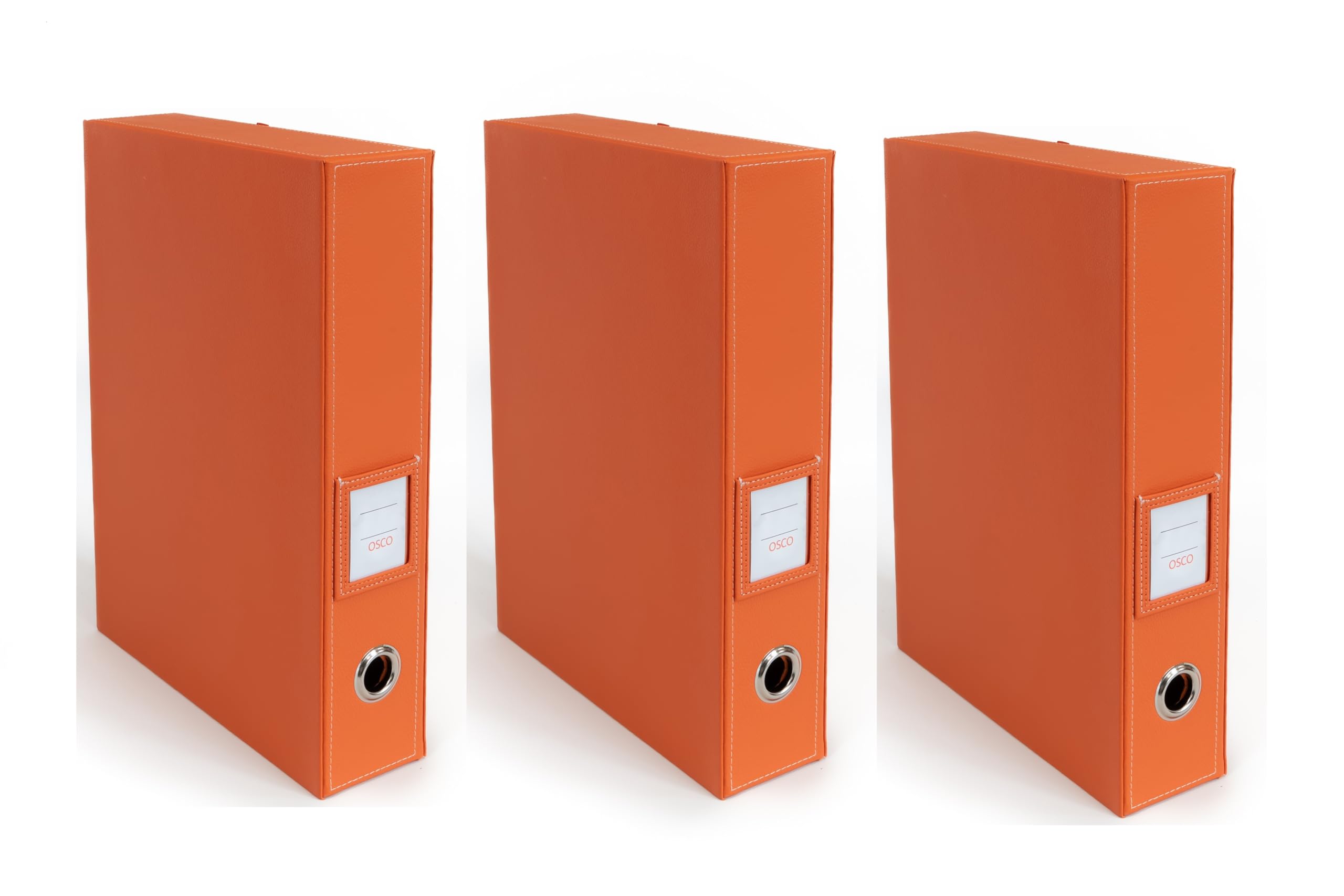 Osco Faux Leather Box File – Paperwork Archive, A4 Document Storage Box with Lock Spring & Press-Stud Fastening, Stylish Home & Office Filing Solution, 37.5×26.5×8 cm, 3 Pack, Orange
