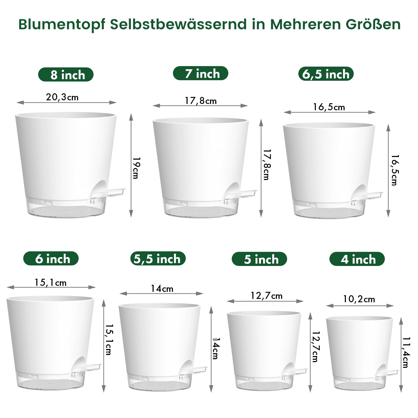 WSMKSZ 7er Set Blumentopf Selbstbewässernd, 20/17,6/16,3/15/13,8/12,5/10,2 cm Kunststoff Pflanztöpfe mit Transparentem Wasserreservoir, Sichtbarer Wasserstand & Abflusslöchern, mit Baumwolldocht, Weiß