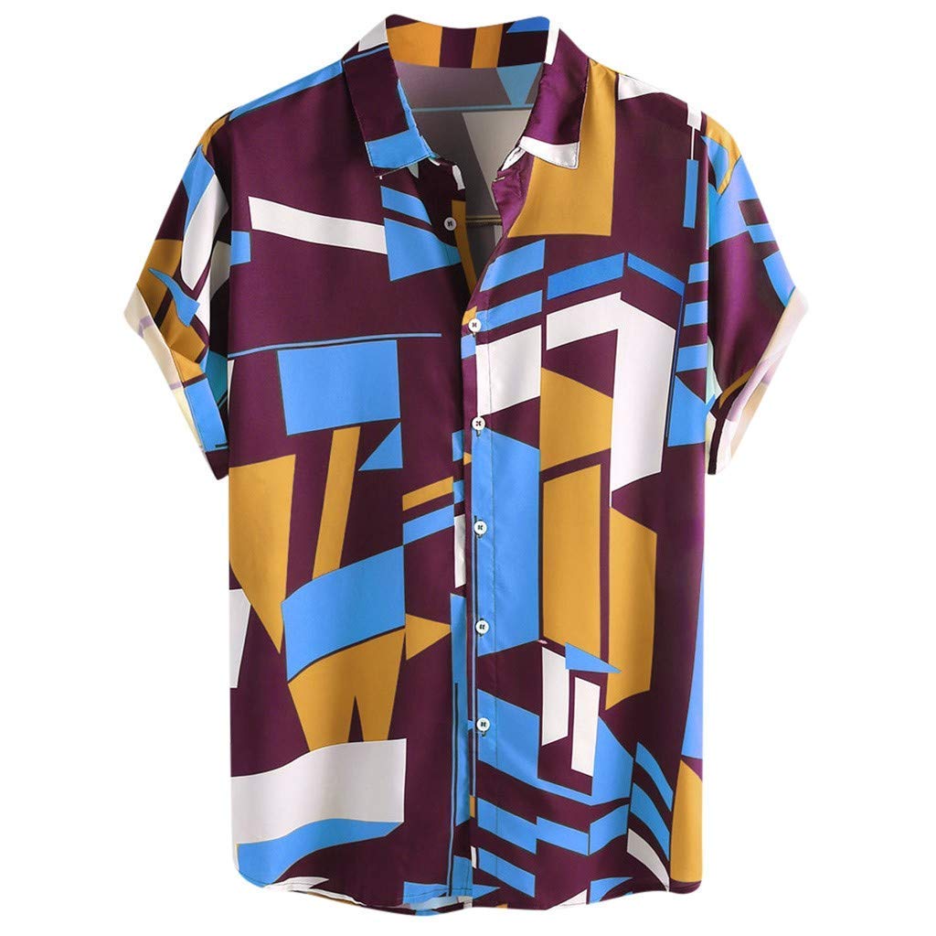 IHGTZSMen's Shirts, Father'S Day Summer Classic Fit Check Non-Iron Dress Shirt Gift For Father Boyfriend Contrast Color Geometric Printed Turn Down Collar Short Sleeve Loose Shirts Purple