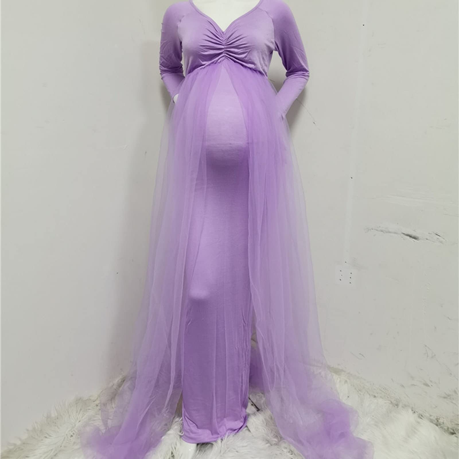 Vestiti Premaman Invernali Estivi per La Fotografia Abito Aderente Attillato Plissettato Vestito di maternità Gravidanza da Principessa con Maniche Lunghe Solido Foto e