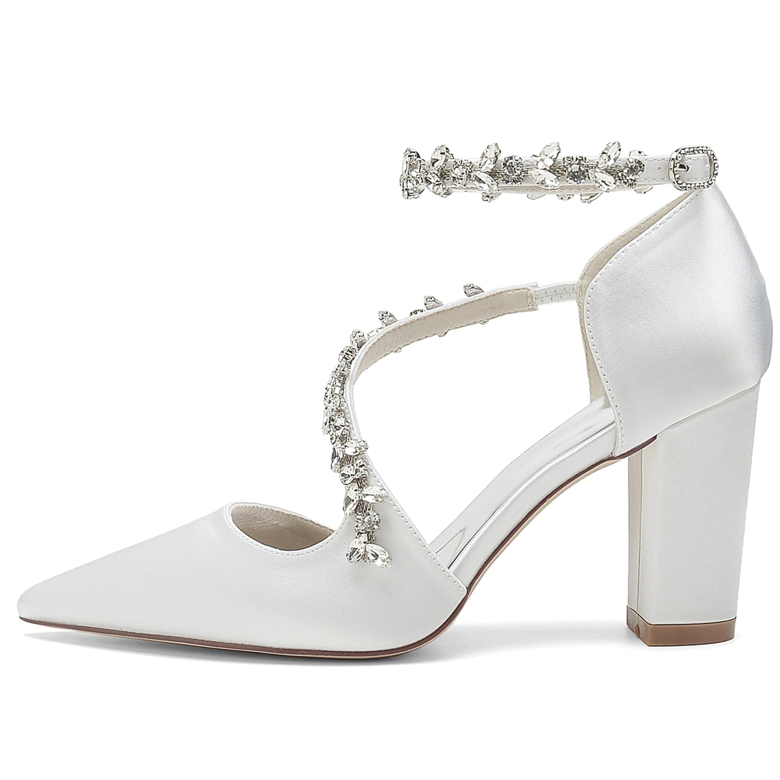 FGRID Scarpe da Sposa Donna con Tacco Alto a Blocchi per la Sposa, Punta Chiusa in Raso Strass Cinturino alla Caviglia décolleté per Feste da Sera Sandali Damigella d'Onore,Bianca,37