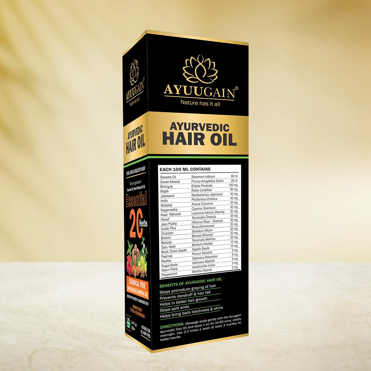 Ayurvedic Hair Oil with Bhringraj, Onion, Amla, Neem, Brahmi & Rosemary Oil for Hair Growth, Hair Fall Control & Dandruff | Herbal hair Oil with 20 Natural Herbs – 100ml