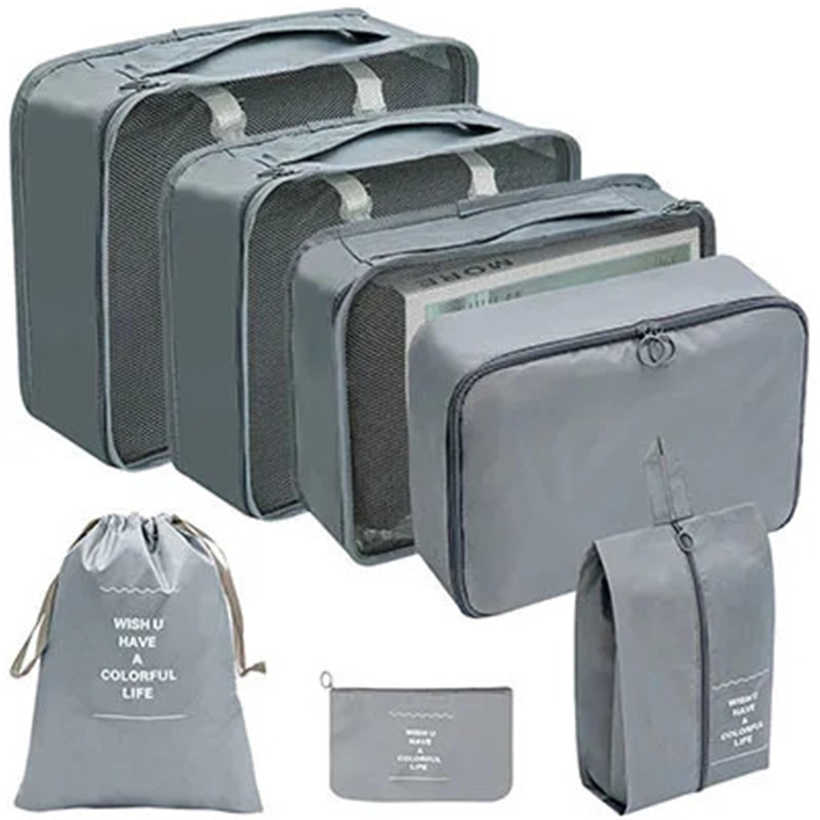 BHOUTY 7pcs Travel Storage Bag Suitcase Luggage Clothes Sorting Organizer Set Portable Wardrobe Shoe Pouch(7pcs Grey)