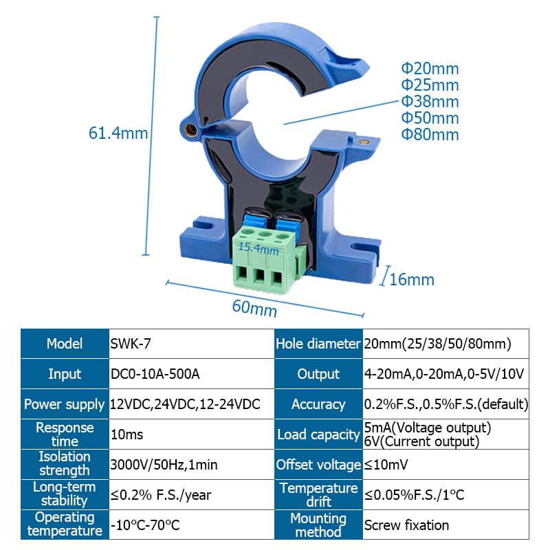 Hall Current Transmitter DC0-1000A Current Sensing 4-20mA 0-20mA 0-5V 10V Output Hole 25mm Perforation Open Closed Current Sensor