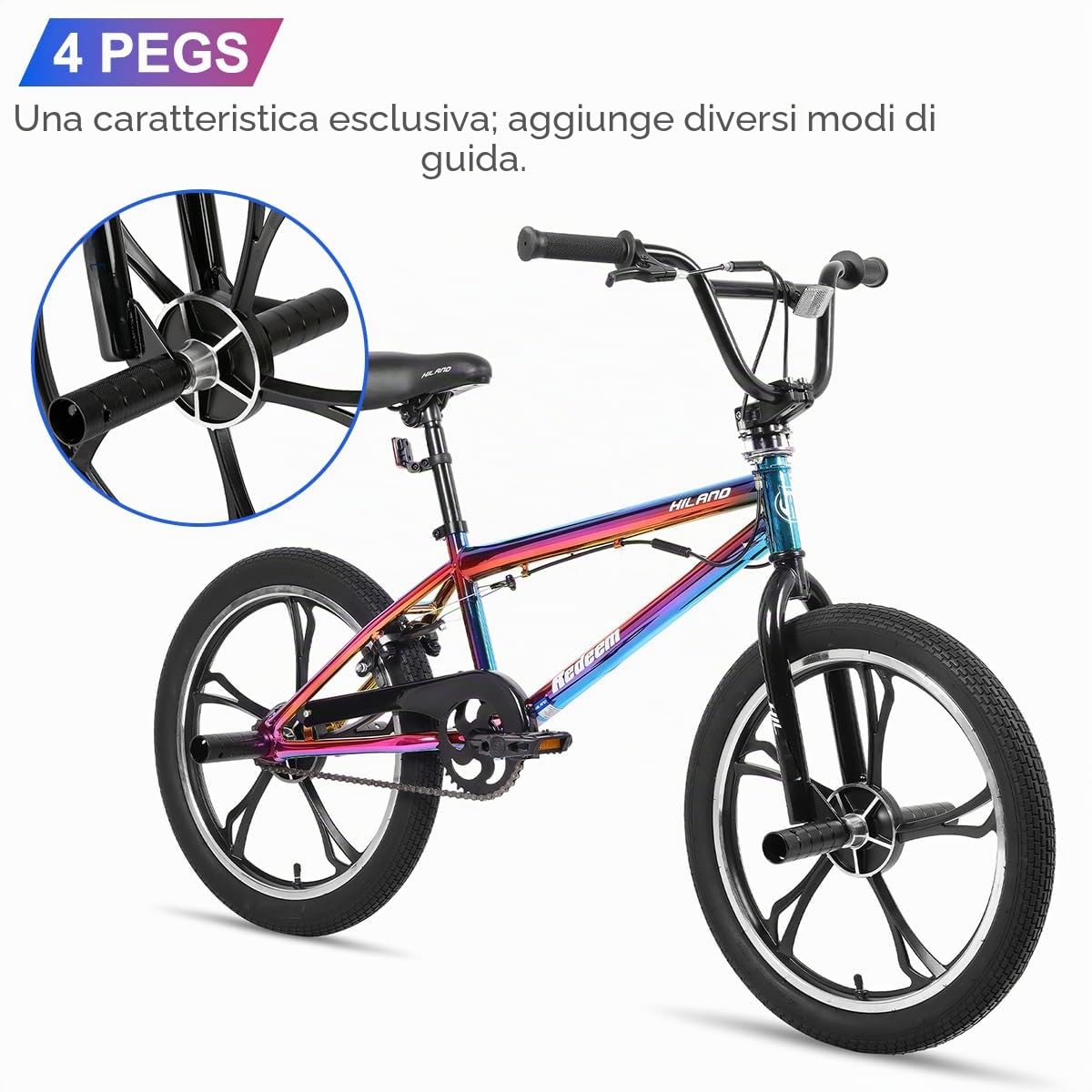 HILAND Bicicletta BMX da 20 pollici a 5 raggi，rotore da 360 gradi per Stile Libero，bicicletta BMX a 4 perni per Allenamento e acrobazie，Colore