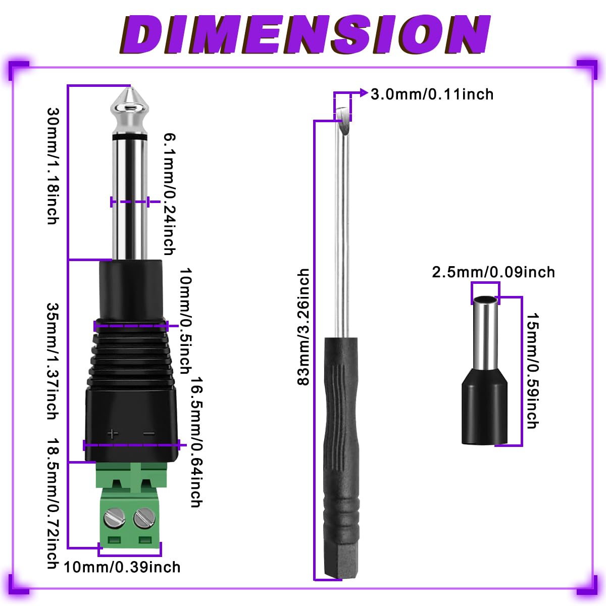 MKBKLLJY 5PCS 1/4" Plugs TS Mono Male Jack Connector 6.35mm Screw Terminal Block Connector 2 Pole Solderless Converter with Slotted Screwdriver E2508 Terminal, for Speaker Guitar Microphone Cables - Image 4
