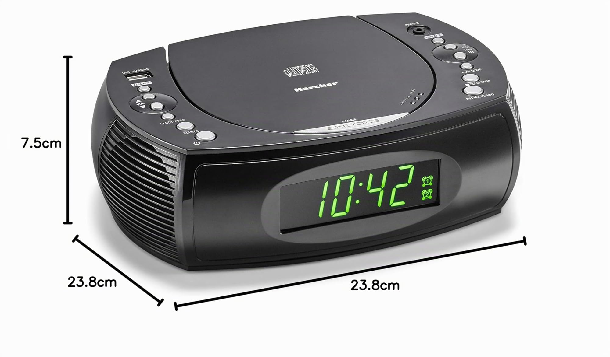 Karcher UR 1308 Radio-réveil avec Double Alarme, Chargeur USB et Fonction Sauvegarde de Batterie FM.