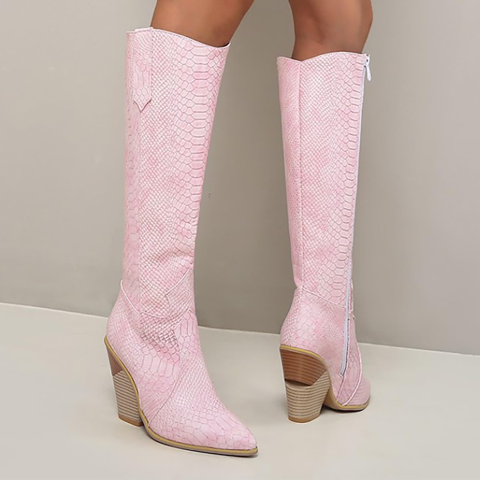 Botas de Vestir Rujer Botas Altas hasta la Rodilla Occidentales con Estampado Gruesas con Punta en Punta y tacón apilado para Mujer