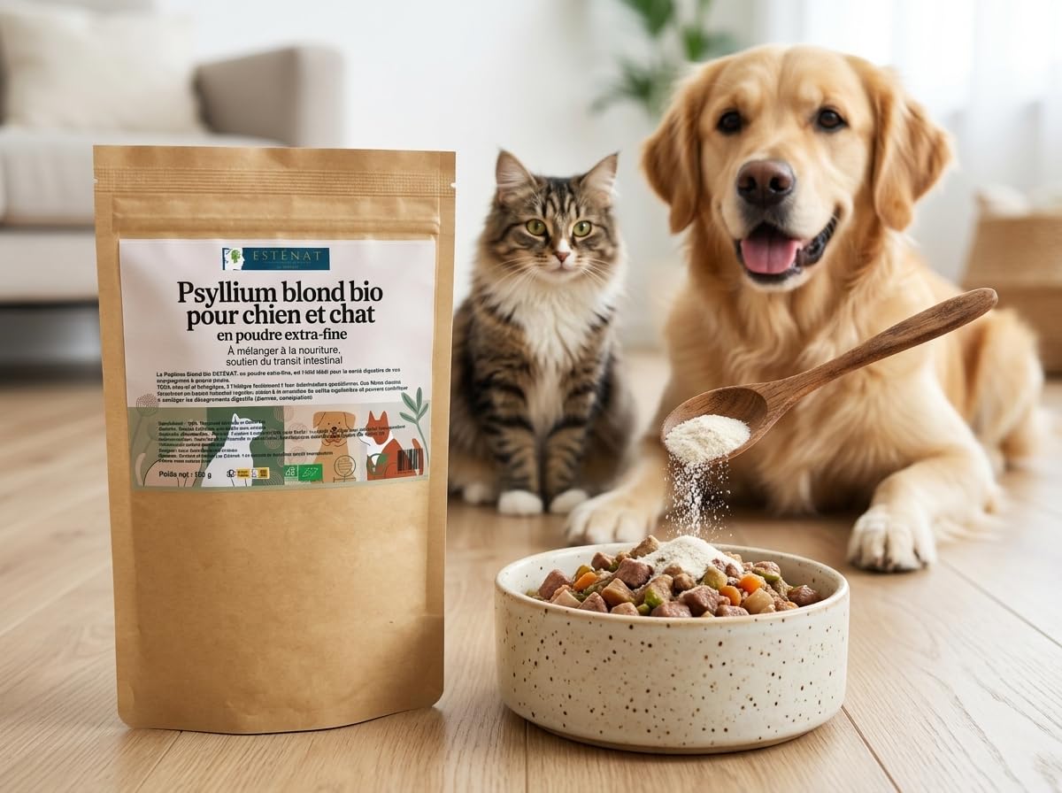 Psillio Biondo Bio in Polvere Extra Fine per Cani e Gatti, 300g – 100% Naturale – Supporto alla Digestione e al Transito Intestinale – Facile da miscolare al cibo – Esténat
