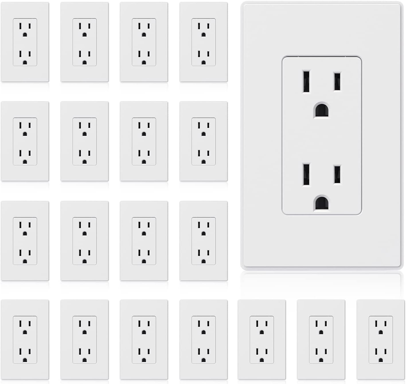 Matte White Standard Decorator Electrical Wall Receptacle Outlet, 15A 125V, 2 Pole 3 Wire, Non-Tamper Resistant, NEMA 5-15R, Self-Grounding, Wall Plate Included, UL Listed, 20 Pack