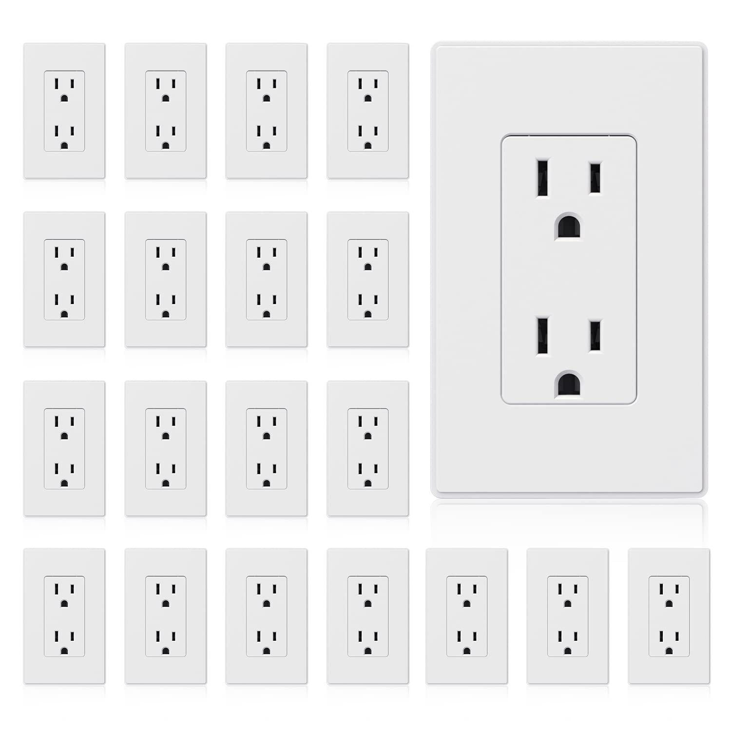ELEGRP Matte White Standard Decorator Electrical Wall Receptacle Outlet, 15A 125V, 2 Pole 3 Wire, Non-Tamper Resistant, NEMA 5-15R, Self-Grounding, Wall Plate Included, UL Listed, 20 Pack