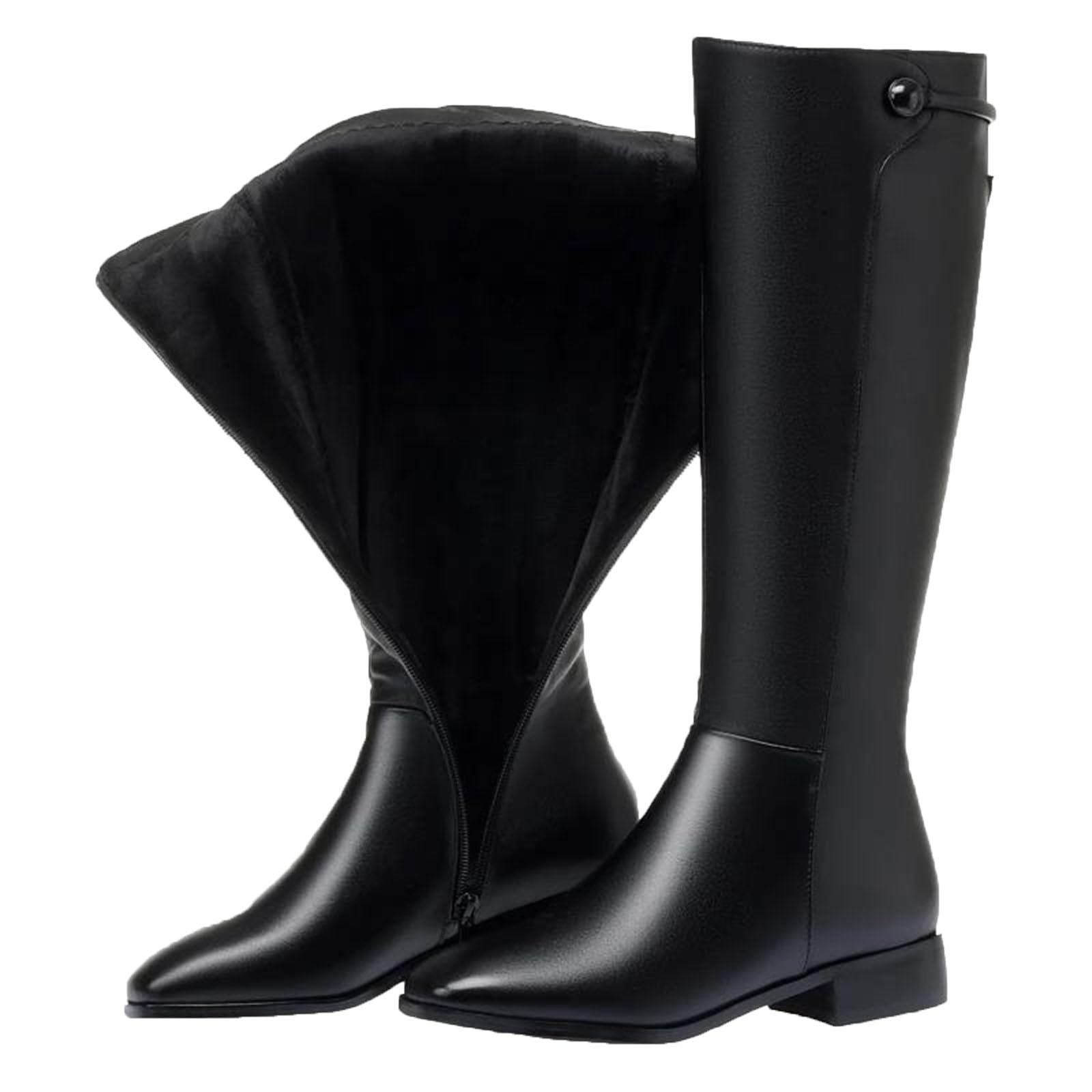 Women Long Boots Genuine Leather Short Fleece Low Heel Large Size Riding Footwear Shoes Female Winter Boots