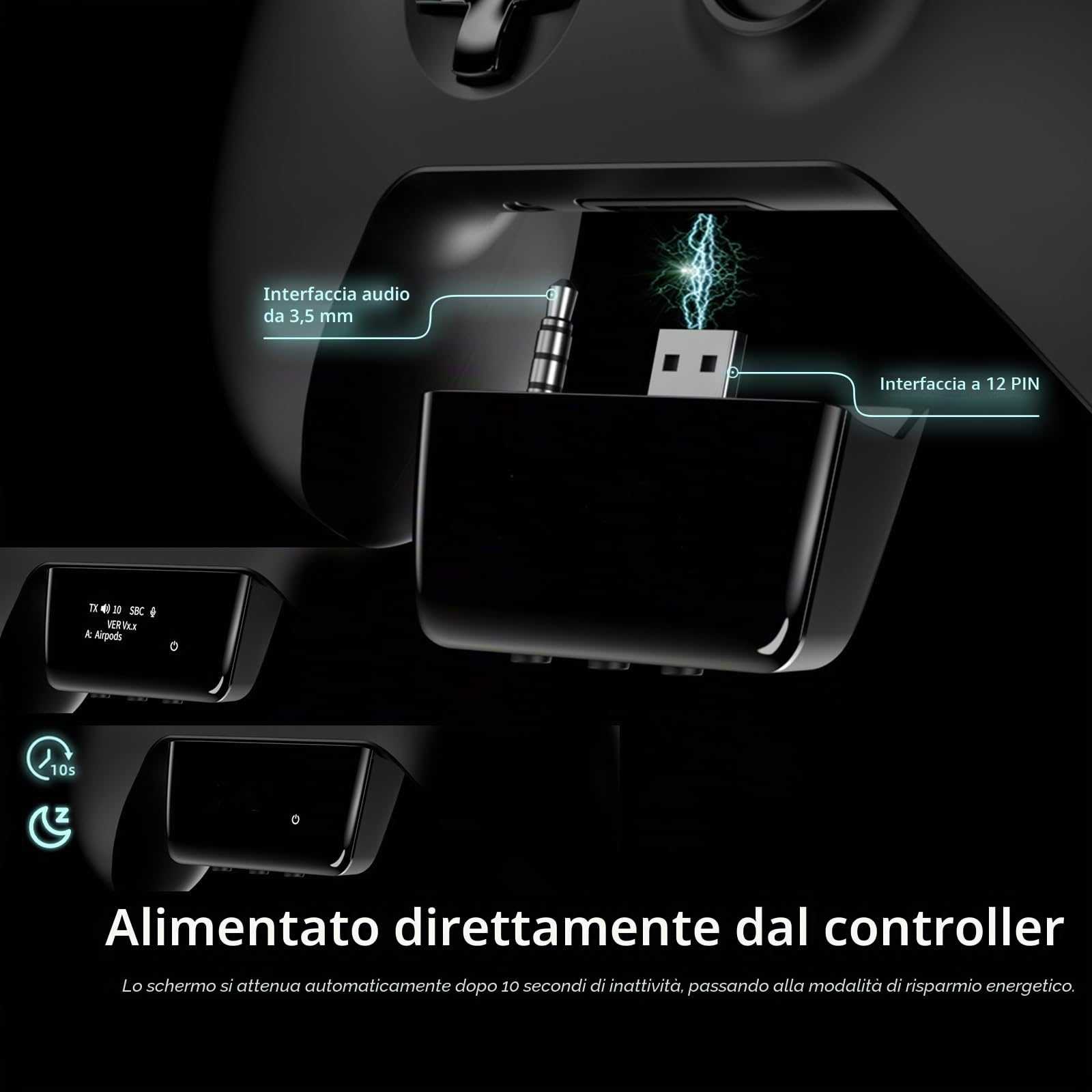 Adattatore Audio Wireless Bluetooth 5.2 per Controller Xbox One, Series X|S e Elite 2, Adattatore Xbox Mic con Schermo Supporta Bassa Latenza
