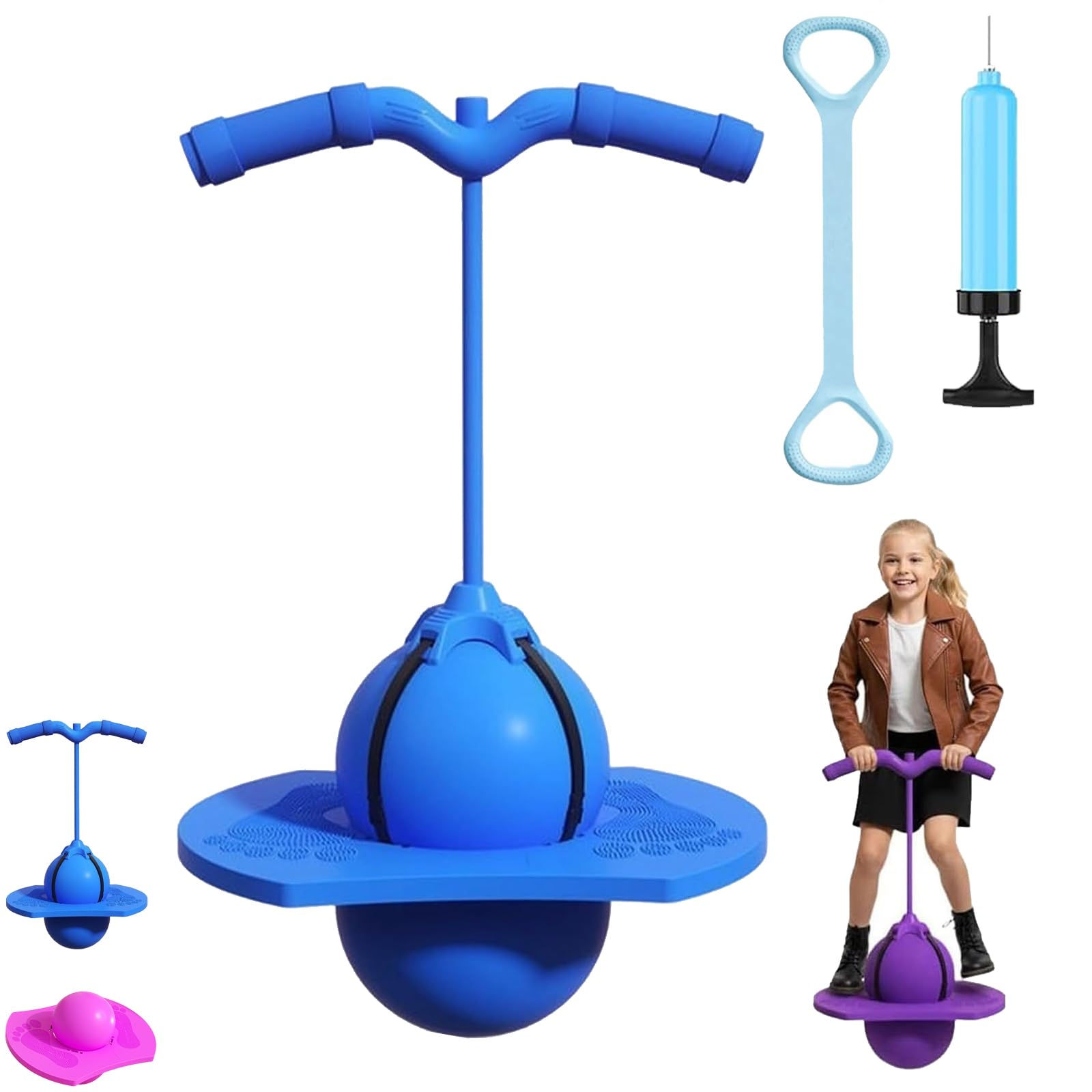 Pogo Pogo - Palla di salto per bambini e adulti, Pogo Stick con manico, pallina da gonfiaggio per bambini, fondo antiscivolo, capacità di carico 300 kg, per allenare l'equilibrio (blu, con braccioli)