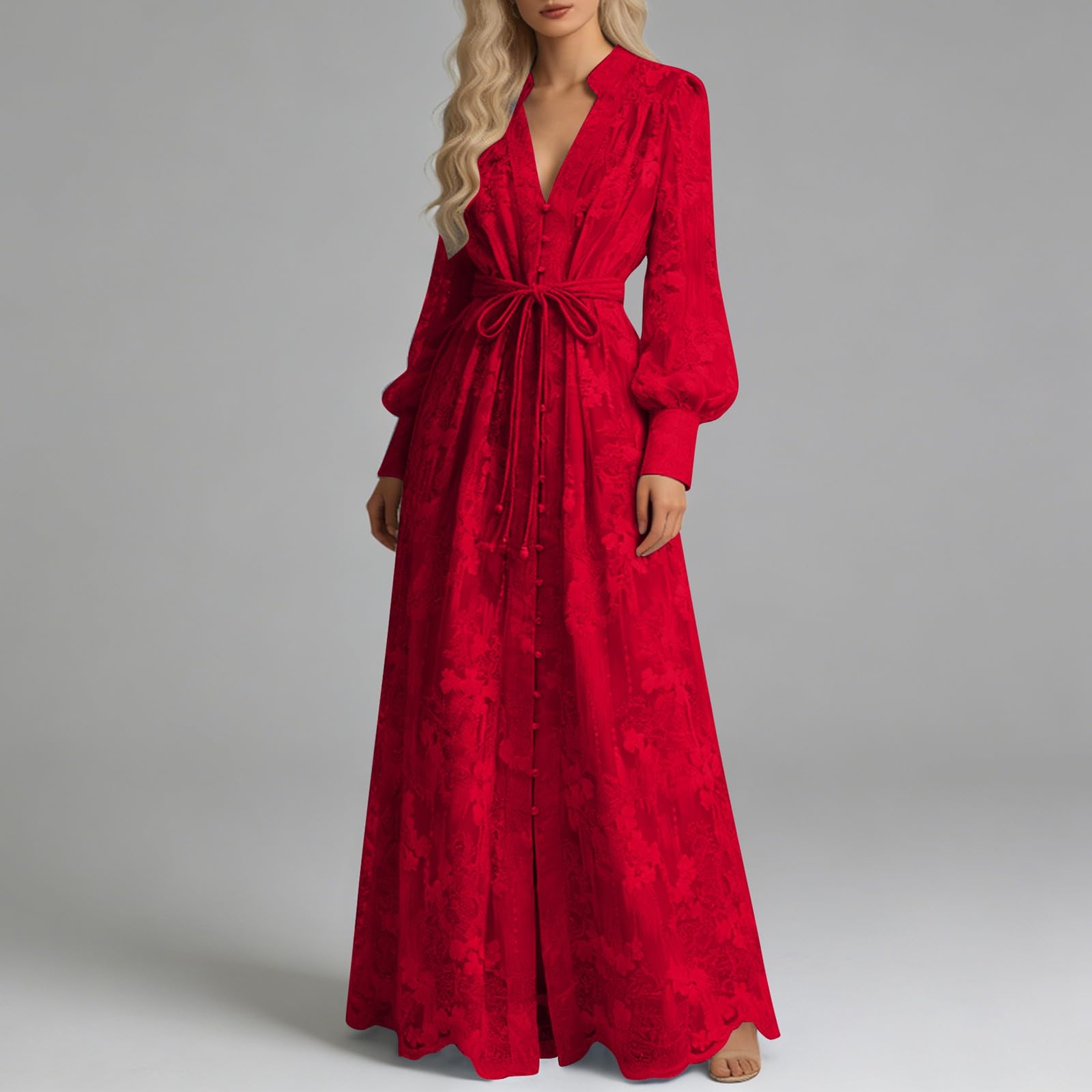 Vestido de noche para mujer, elegante, casual, con cintura bordada y mangas, vestido de noche largo