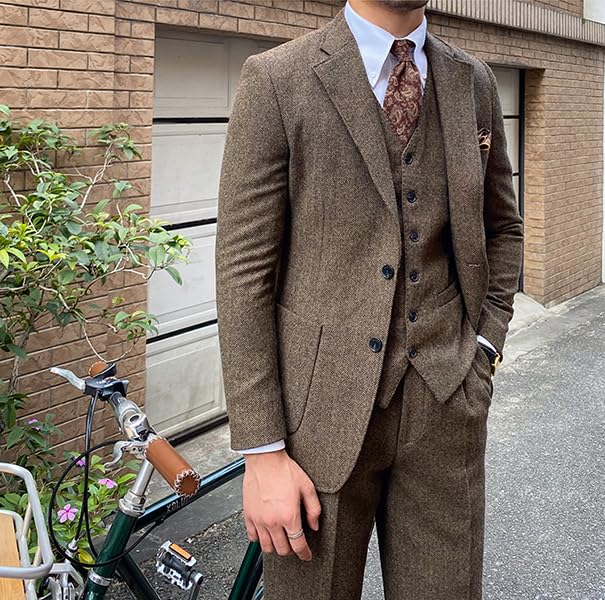 SevenBoy Men's 3-Piece Herringbone Suit Classic Gray Business Formal Wear Slim Fit Jacket with Vest and Pants3