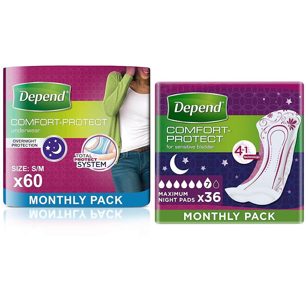Depend Comfort Protect Incontinence Pants for Women, Small/Medium - 60 Pants & Depend Maximum Overnight, Incontinence Pads for Women - 36 Pads