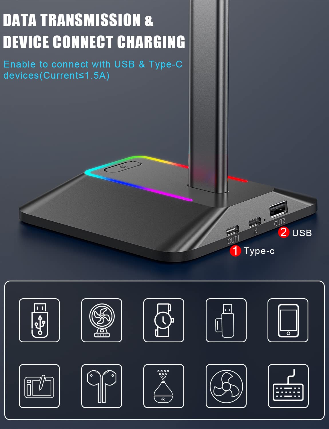 New Bee Stojak RGB na Słuchawki z Ładowarkami USB Typu C i Transmisją Danych - Uniwersalny Uchwyt do Słuchawek Gamingowych (Czarny)