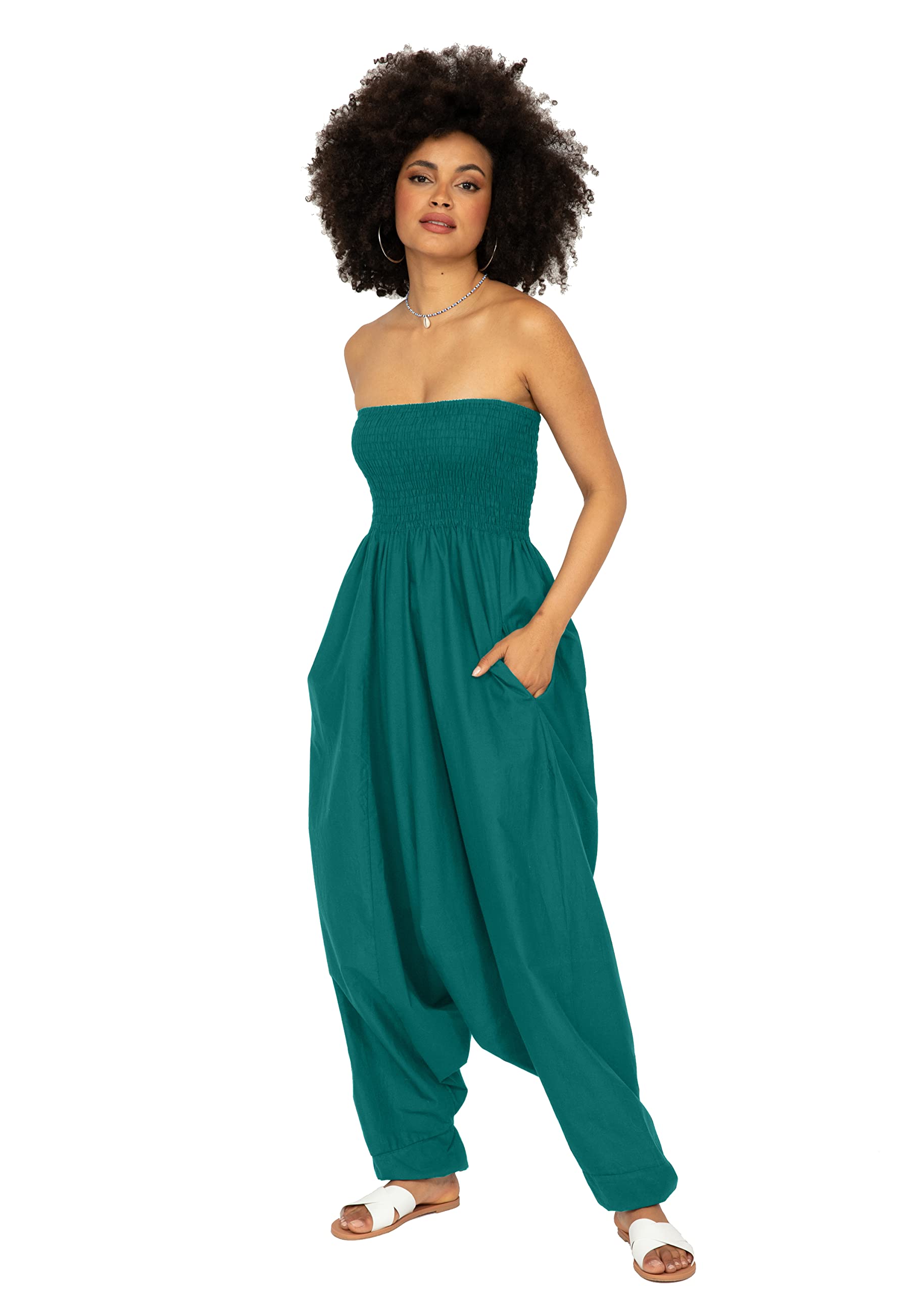 likemary Harem Jumpsuits for Women & Cotton Harem Pants - Maxi Womens Romper - Strapless Jumpsuit (Emerald Green)