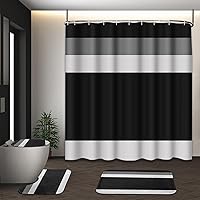 Vista 25 de Juego de cortina de ducha a rayas rojas burdeos con tapa de inodoro y alfombras antideslizantes para baño, cortina de ducha moderna de líneas grises