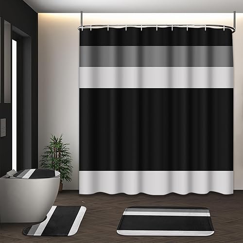 Miniatura 25 de Juego de cortina de ducha a rayas rojas burdeos con tapa de inodoro y alfombras antideslizantes para baño, cortina de ducha moderna de líneas grises