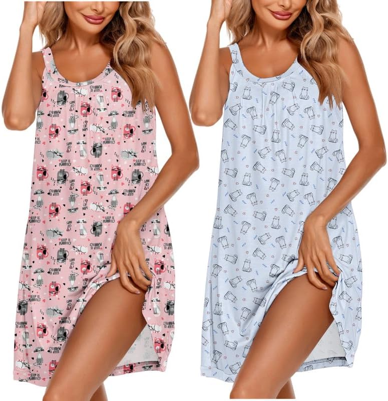 Ekouaer 2 Pack Nightgowns for Women Sleeveless Sleepwear Wide Strap Sleep Shirt Pleated Tank Sleepshirt S-4XL